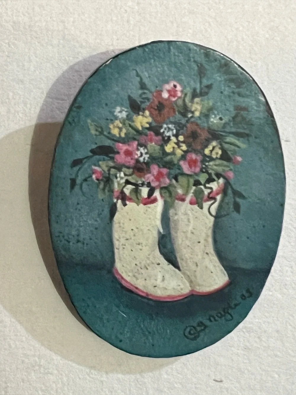 Folk Art Brooch Painted Floral Boots Flowers Teal Background